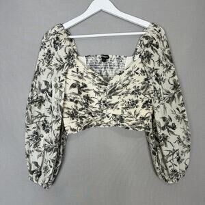 Express Puff-Sleeve Blouse Womens Small Cream Botanical Bird Toile Ruched Crop